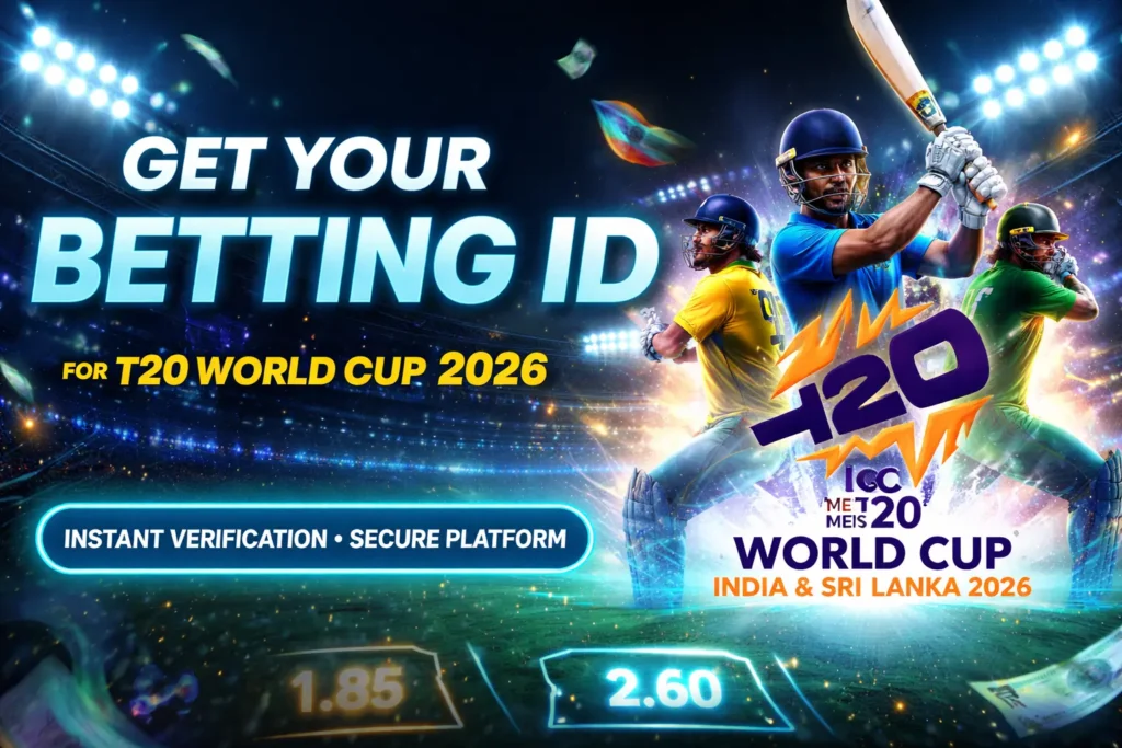 Hero banner showing cricket betting theme with neon colors for Betting ID 2026