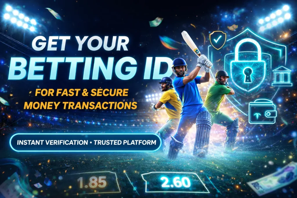 Digital cricket betting banner showing batsman, stadium, and neon blue theme