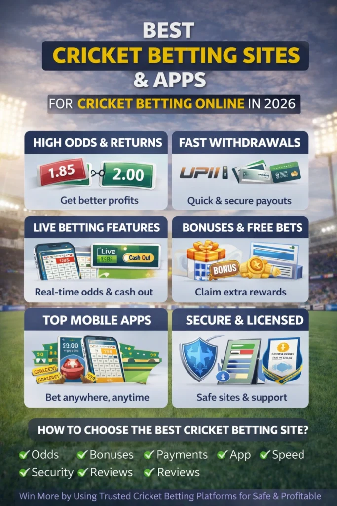 Best cricket betting sites and apps for cricket betting online in 2026 infographic showing odds, bonuses, live betting and secure payments