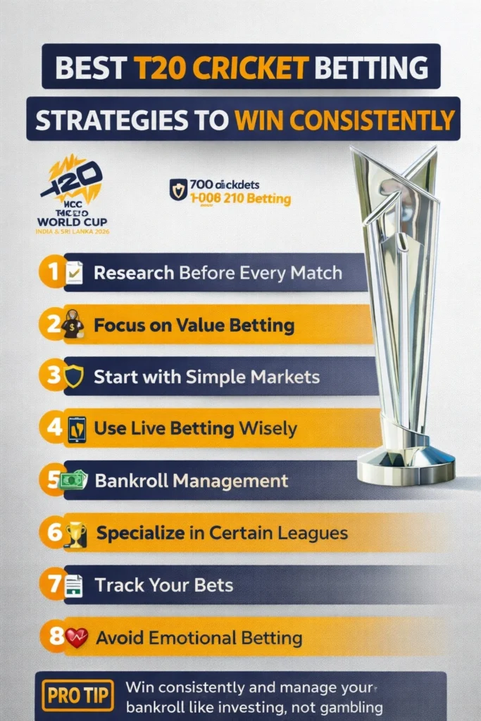 T20 cricket betting strategies banner showing tips like research, value betting, bankroll management and live betting