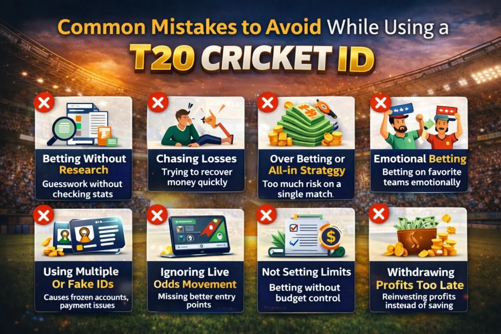 T20 Cricket ID common mistakes infographic showing betting errors like chasing losses emotional betting over betting and bankroll mismanagement