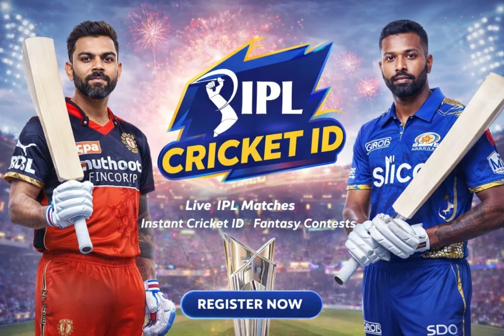 IPL Cricket ID banner showing live IPL matches, online cricket ID registration and fantasy contests