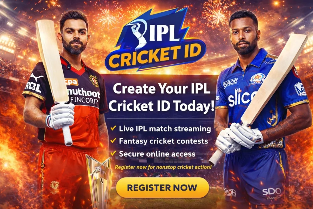 IPL Cricket ID final call banner with register now button, live match streaming and fantasy cricket features