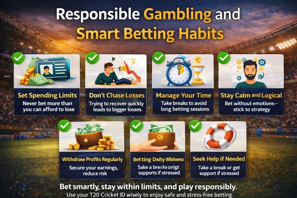 T20 Cricket ID responsible gambling infographic showing safe betting tips bankroll management and smart cricket betting habits