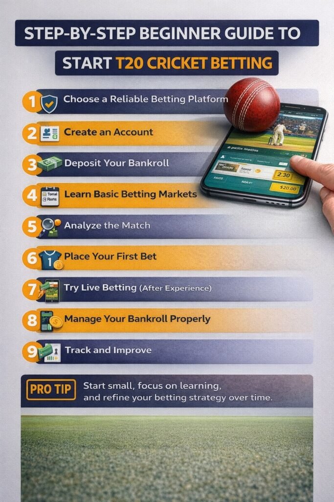 Step by step beginner guide to start T20 cricket betting showing account setup, bankroll deposit, markets and live betting tips
