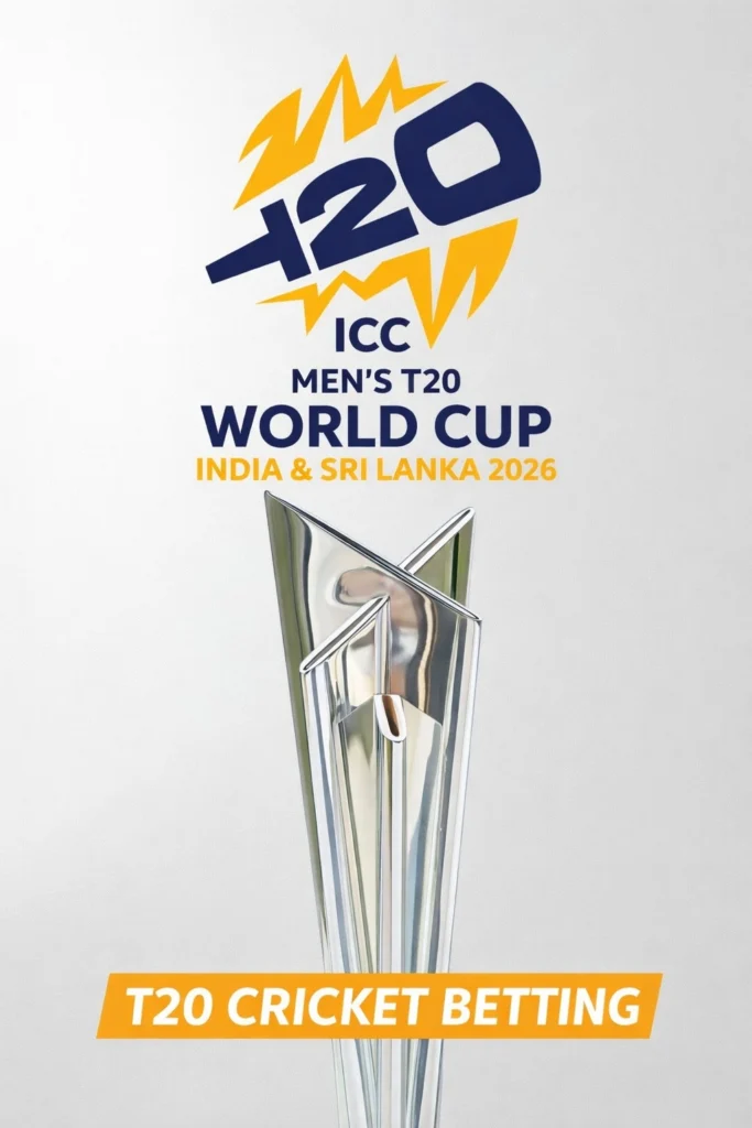 T20 cricket betting banner with ICC T20 World Cup trophy and logo design