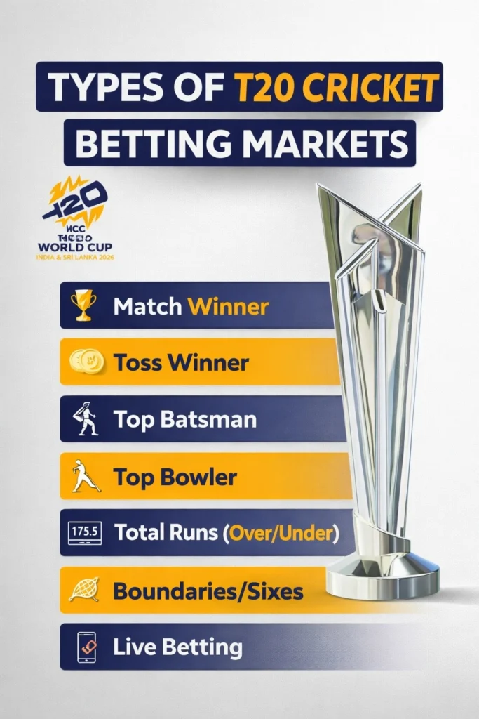 Types of T20 cricket betting markets banner showing match winner, toss, top batsman, total runs and live betting options