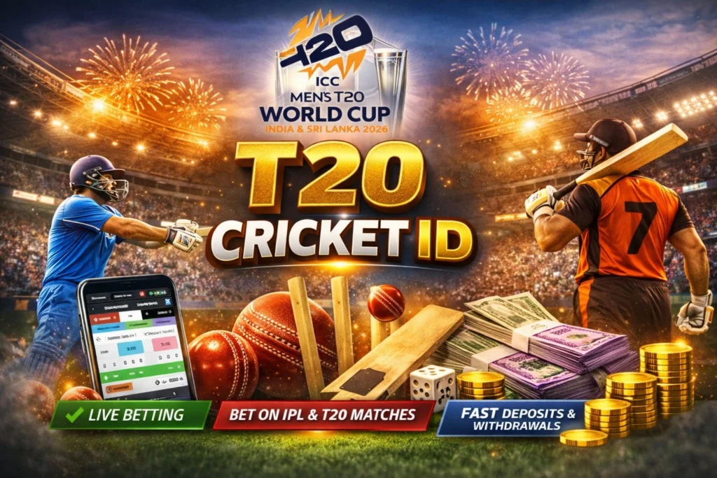 T20 Cricket ID live betting banner with World Cup logo, mobile betting app, cricket match odds and fast deposits withdrawals platform