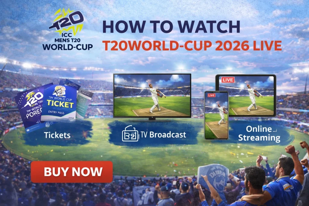 T20WorldCup2026 live streaming and ticket booking banner showing cricket stadium crowd and ICC Men’s T20 World Cup action
