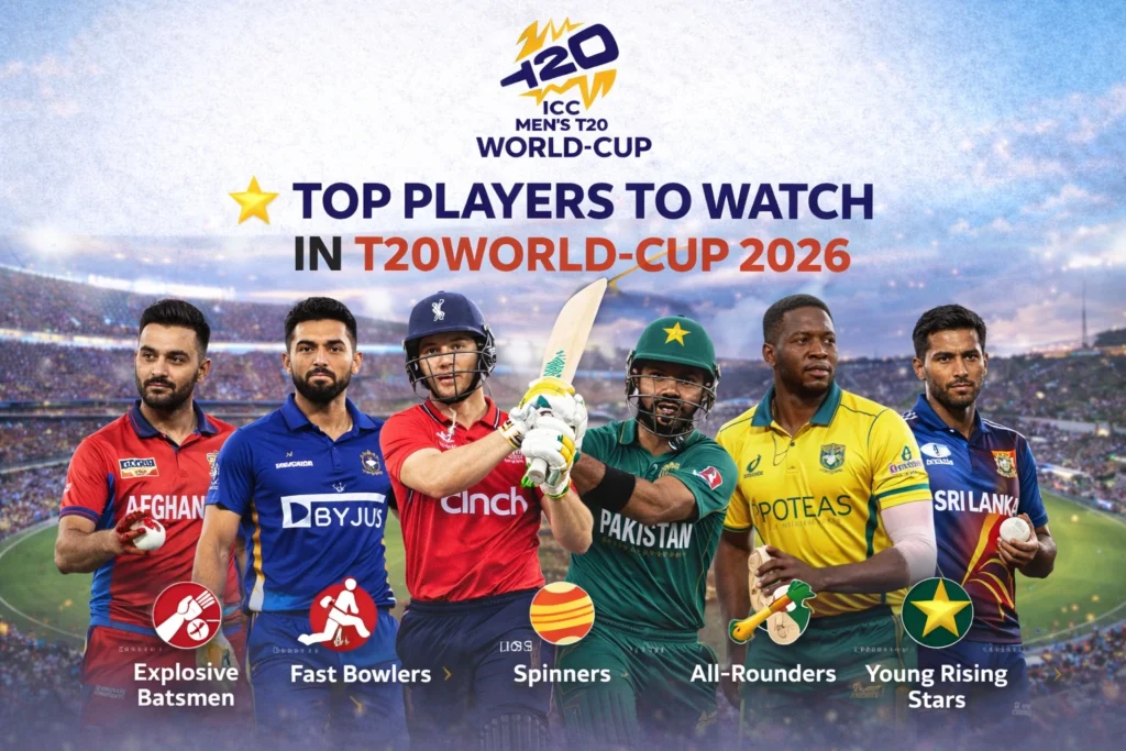 T20WorldCup2026 star players banner showing ICC Men’s T20 World Cup cricketers with trophy and stadium background