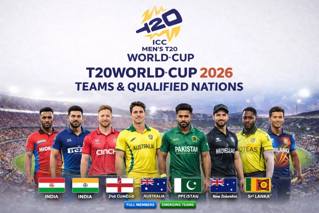 T20WorldCup2026 teams banner showing ICC Men’s T20 World Cup trophy with international cricket players and qualified nations