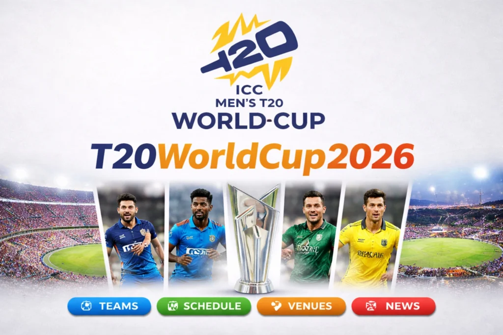 T20WorldCup2026 ICC Men’s T20 World Cup 2026 banner showing trophy, cricket stadium, players, teams, schedule and venues sections