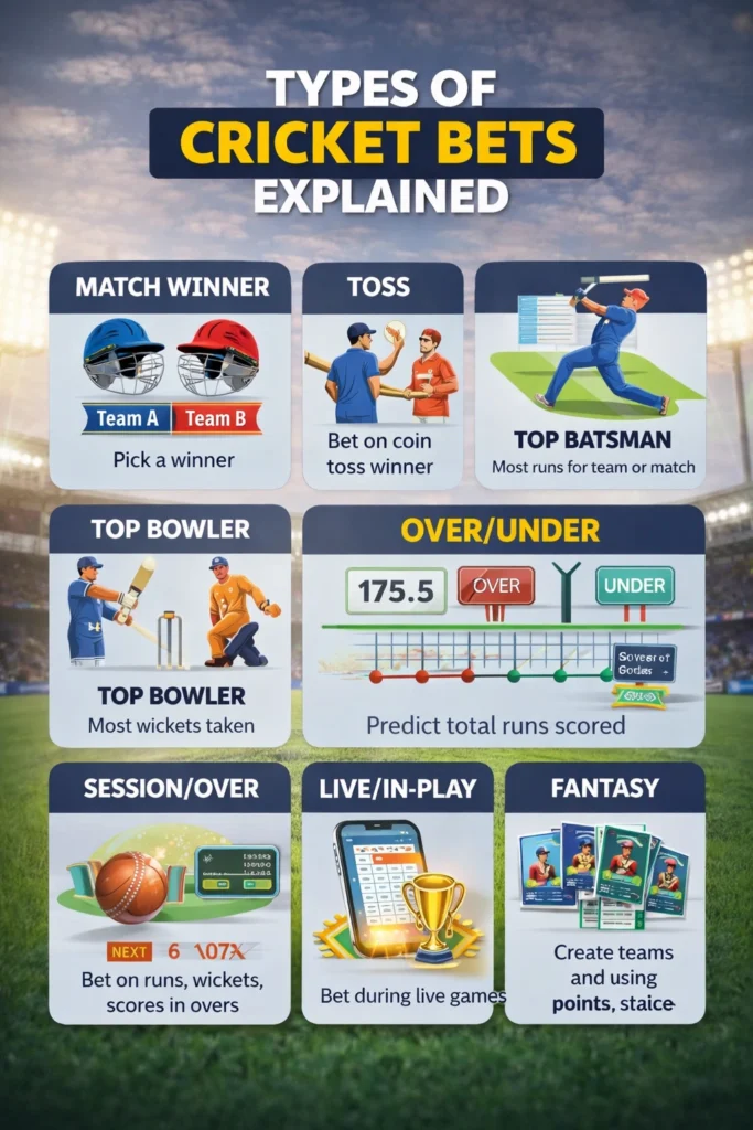 Types of cricket bets explained infographic showing match winner, toss, top batsman, over under, live betting and fantasy cricket options