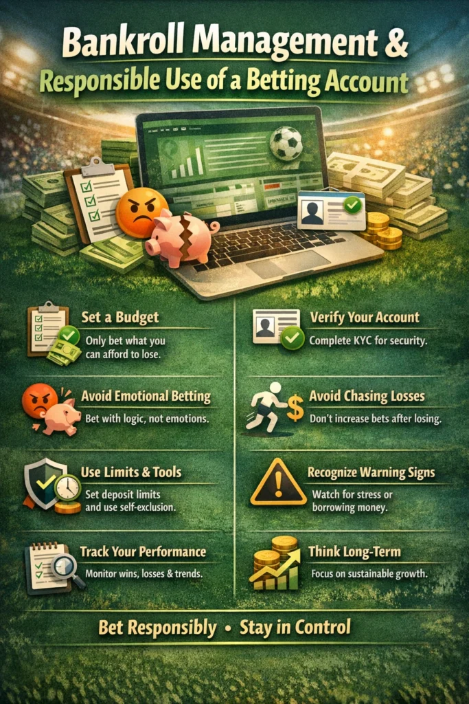 Infographic showing bankroll management and responsible use of a betting account with budgeting tips and safe betting strategies