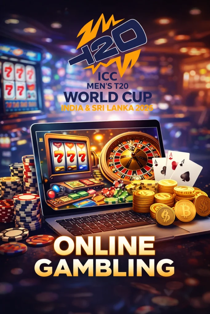 Online gambling casino banner with slots, roulette, poker cards and betting theme for real money gaming