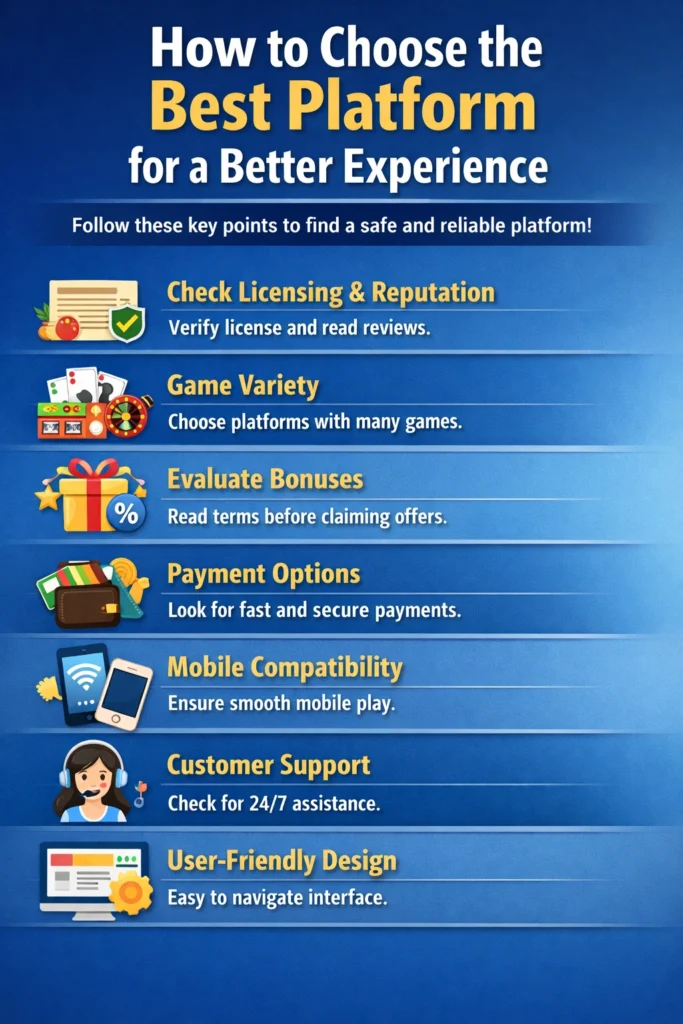 How to choose the best online gambling platform infographic showing licensing game variety bonuses payments and support tips