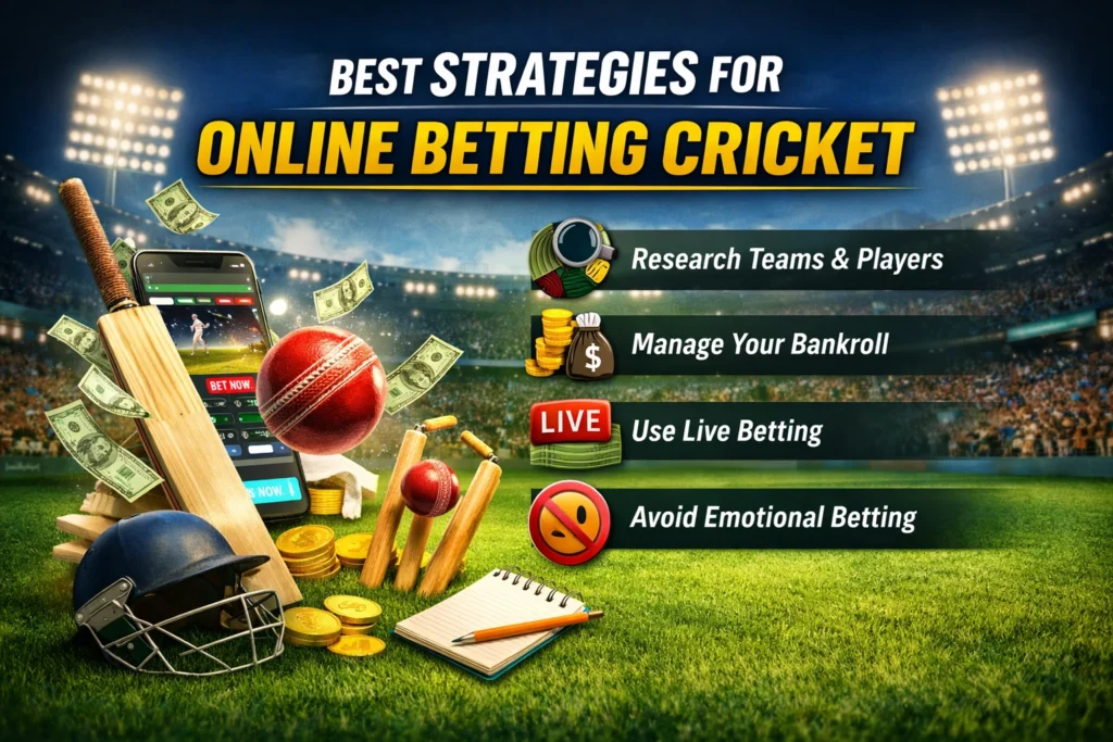 Best strategies for online betting cricket showing live betting app, cricket stadium, bankroll management and betting tips