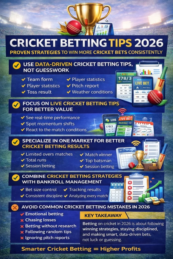 Cricket betting tips 2026 infographic showing strategies bankroll management and live betting guide