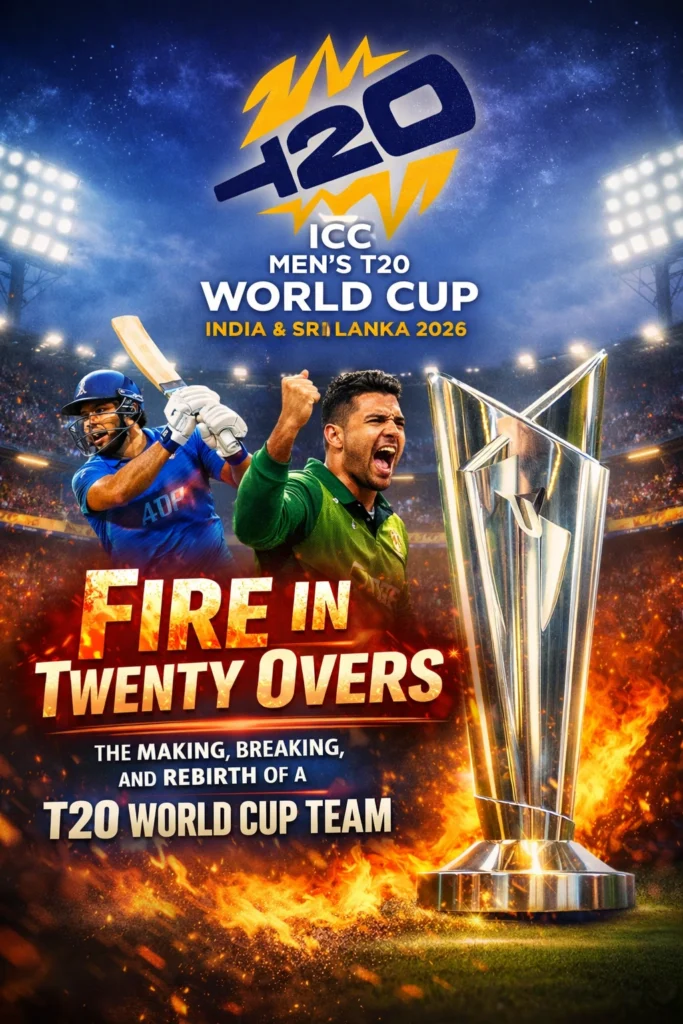 Fire in Twenty Overs T20 World Cup team article cover showing cricket trophy, players and stadium lights