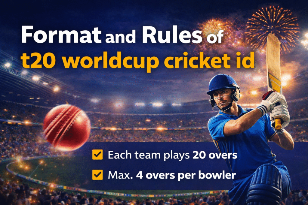 format and rules of t20 worldcup cricket id banner showing cricket player batting in stadium with match rules and fireworks background