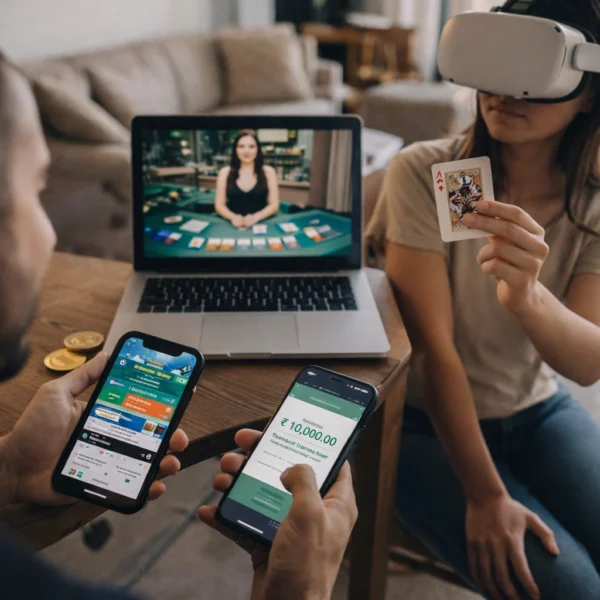 Future of online gambling showing mobile betting live casino laptop VR gaming and digital payments technology