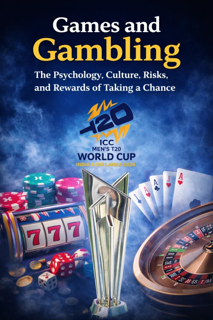 Games and Gambling concept image with casino elements and logo representing psychology, culture, risks and rewards