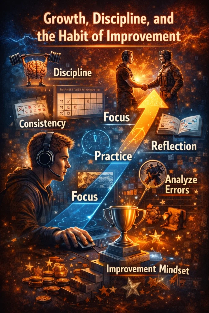 Player practicing regularly to improve skills and discipline in online match performance