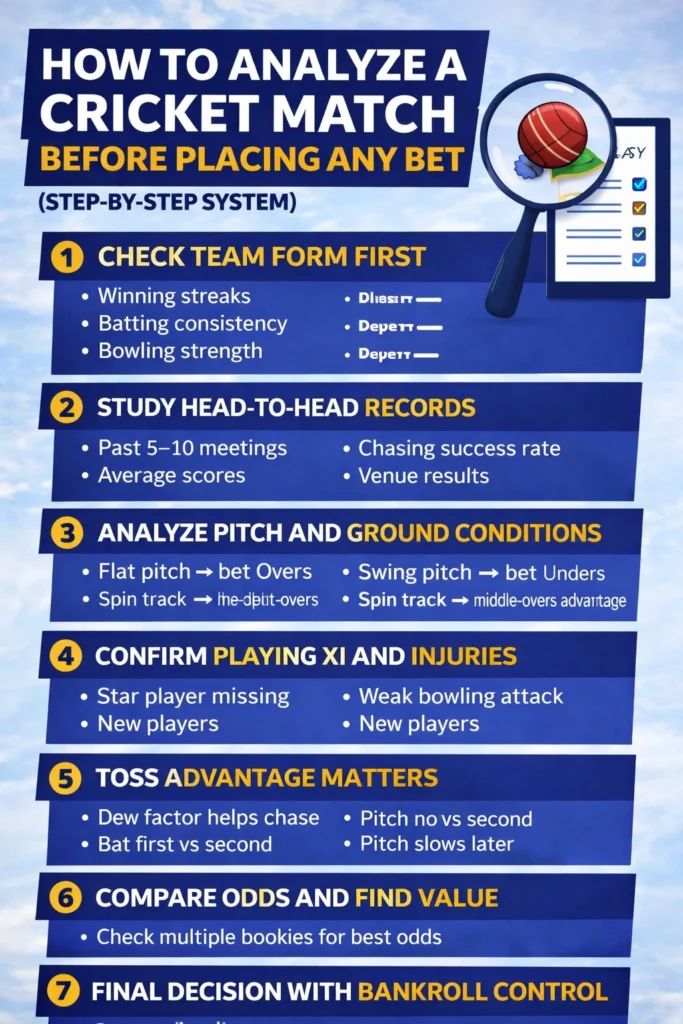 How to analyze a cricket match before placing a bet step by step cricket betting guide infographic