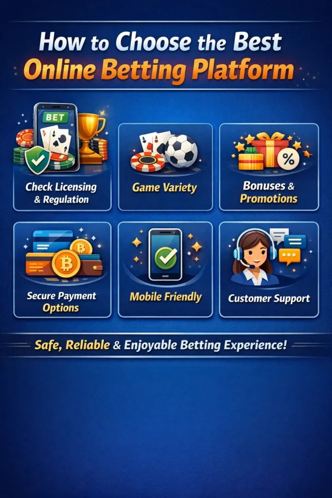 How to choose the best online betting platform infographic showing licensing, bonuses, payment options, mobile support and customer service