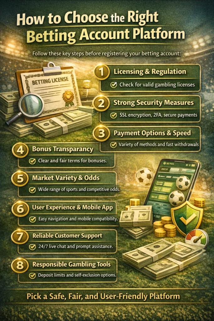 Infographic explaining how to choose the right betting account platform with licensing, security, payment options, and bonus transparency tips