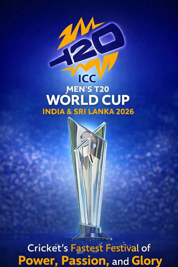 ICC Men’s T20 World Cup 2026 logo with official trophy, India and Sri Lanka cricket tournament poster