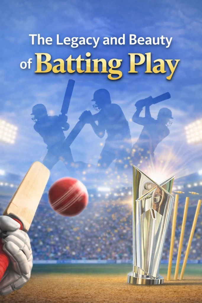 The Legacy and Beauty of Batting Play cricket artistic poster showing elegant batting moment in stadium