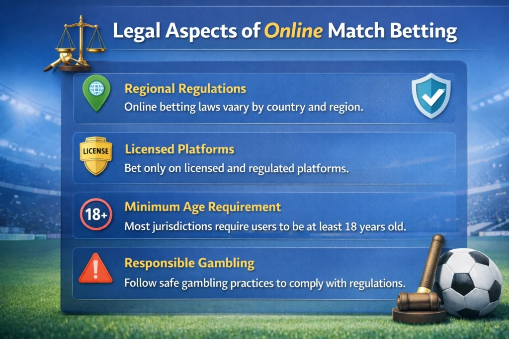 Legal aspects of online match betting infographic showing licensing, age restriction, taxation and regulatory compliance