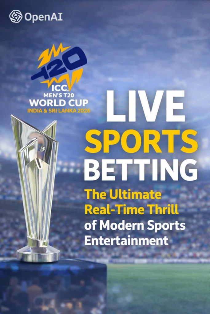 Live sports betting promotional banner with ICC Men's T20 World Cup 2026 trophy logo and real-time wagering theme