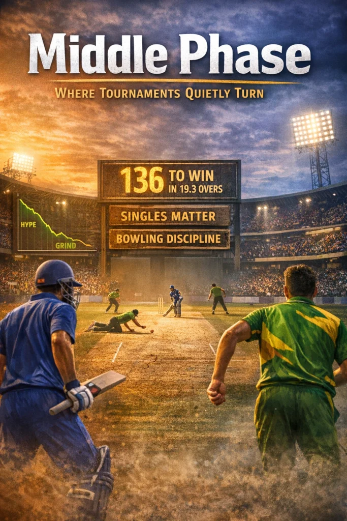 T20 World Cup team playing middle overs strategy under stadium lights