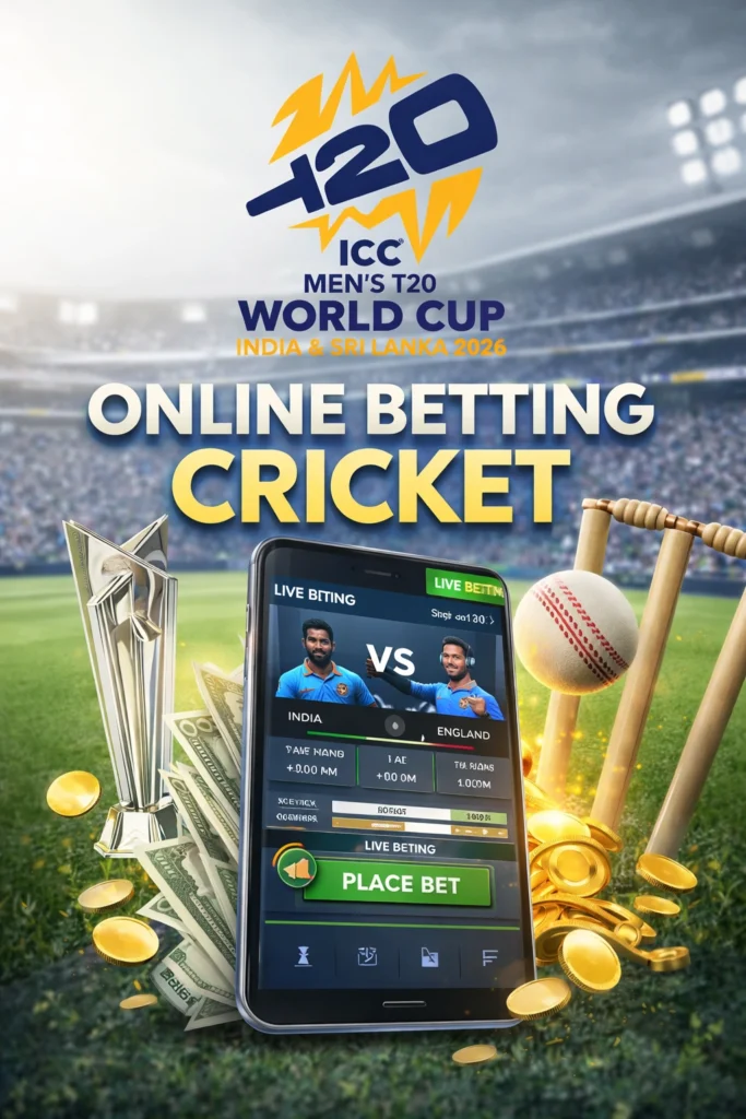 Online betting cricket app showing live match odds, cricket stadium background, and mobile betting interface for 2026 cricket tournaments