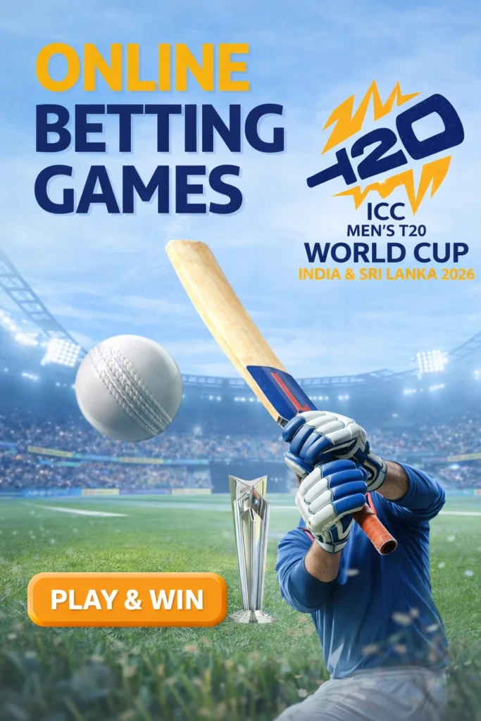 Online betting games cricket betting concept with T20 stadium, bat, ball and sports wagering platform design 2026