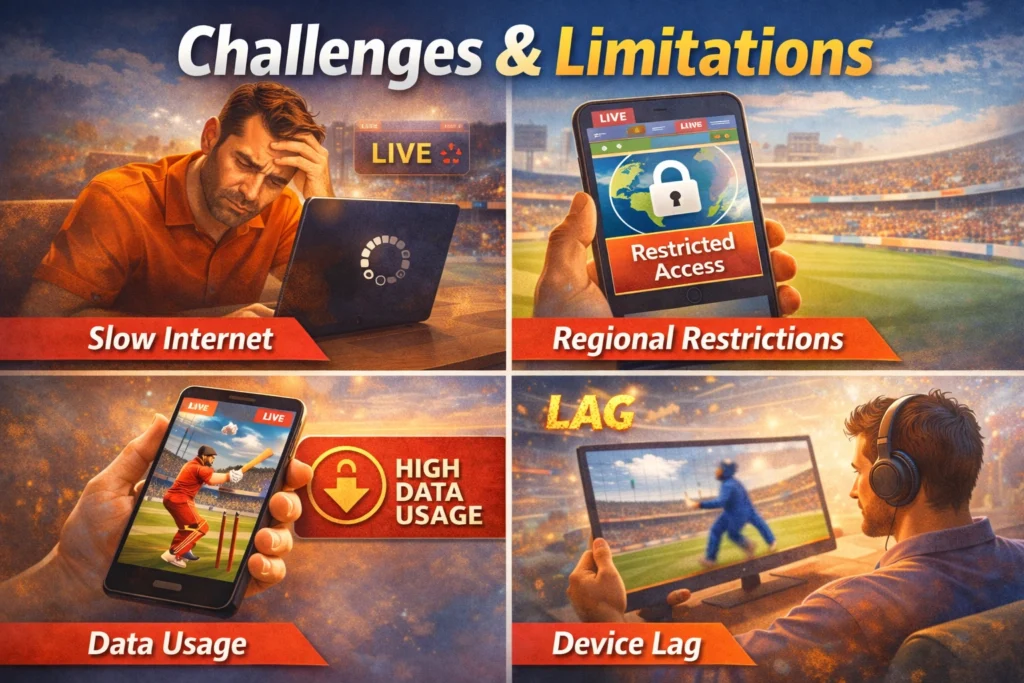 Common problems in online cricket streaming like slow internet buffering data usage and device lag