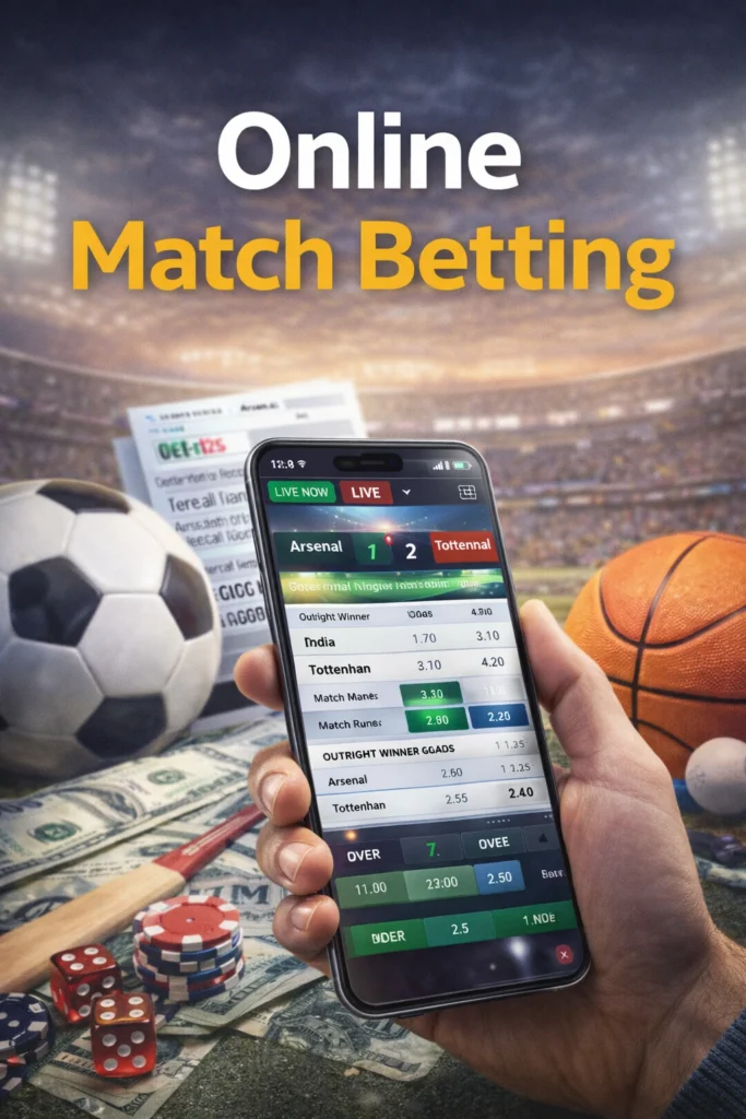 Online match betting on smartphone showing live football odds with sports balls and casino chips in stadium background