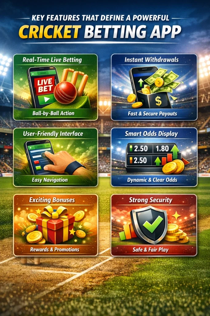 Key features of a cricket betting app showing live betting, fast withdrawals and secure payments