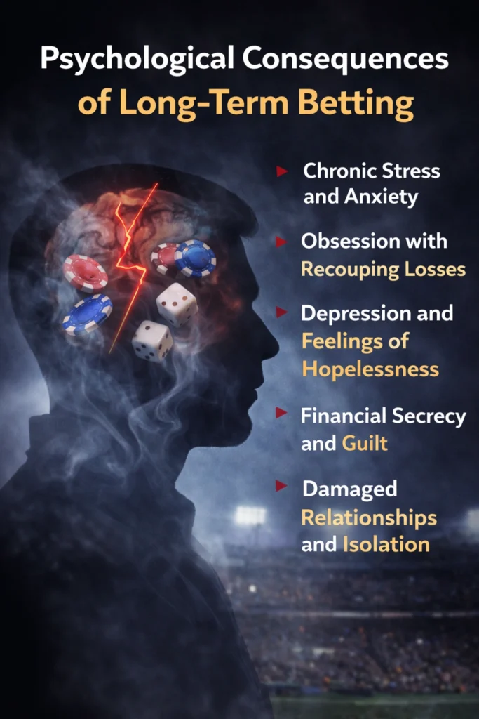 Psychological consequences of long-term betting showing stress, anxiety, depression, and gambling addiction impact on mental health