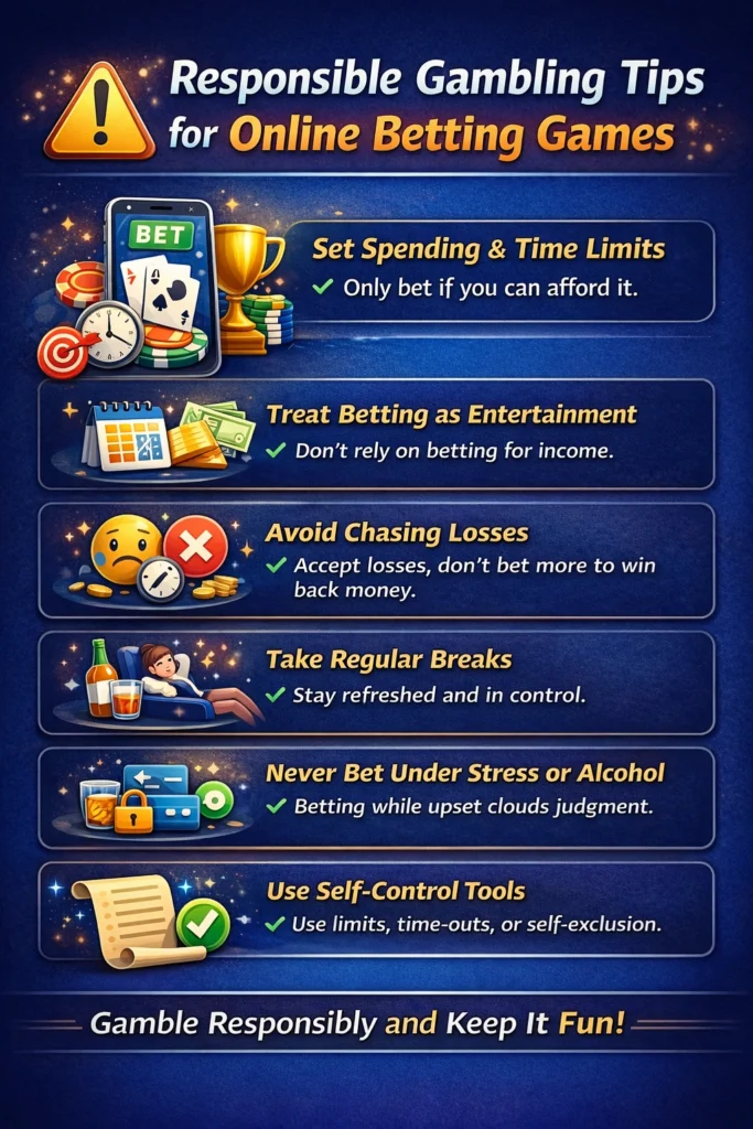 Responsible gambling tips for online betting games infographic showing time limits, budget control, avoid chasing losses and safe betting habits