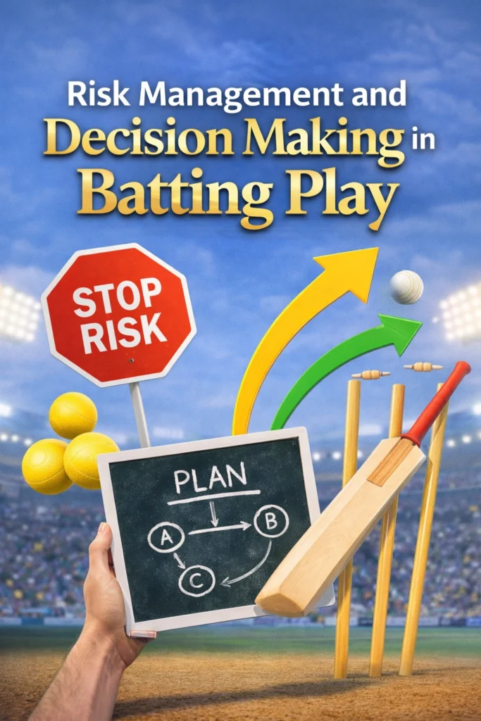 Risk Management and Decision Making in Batting Play cricket strategy poster with bat stumps and planning board