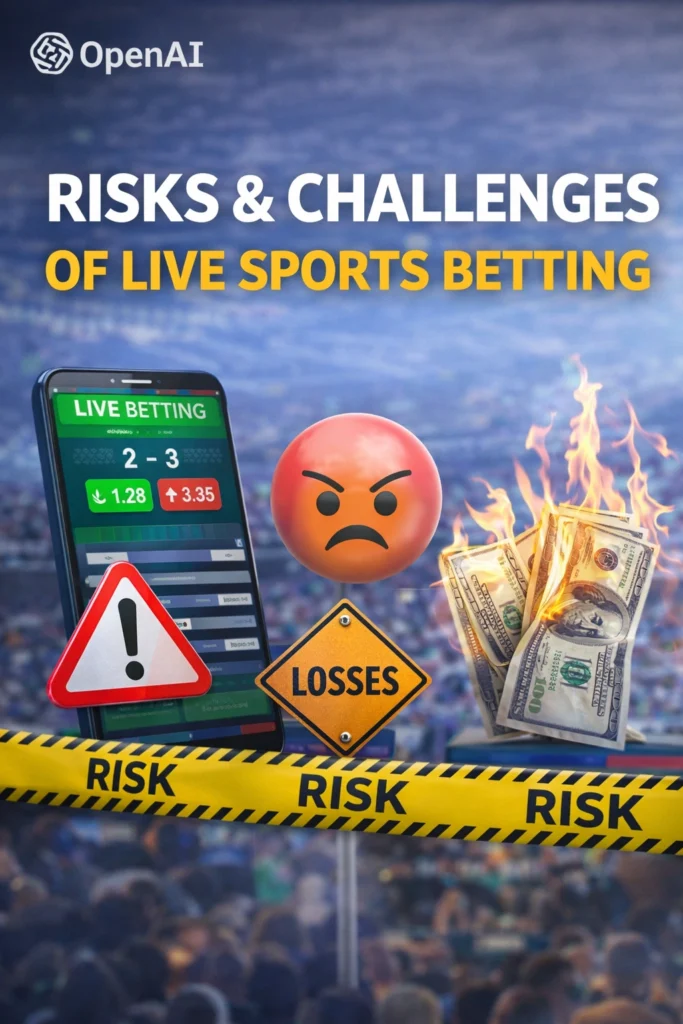 Risks and challenges of live sports betting concept showing financial loss, warning signs, and betting app interface