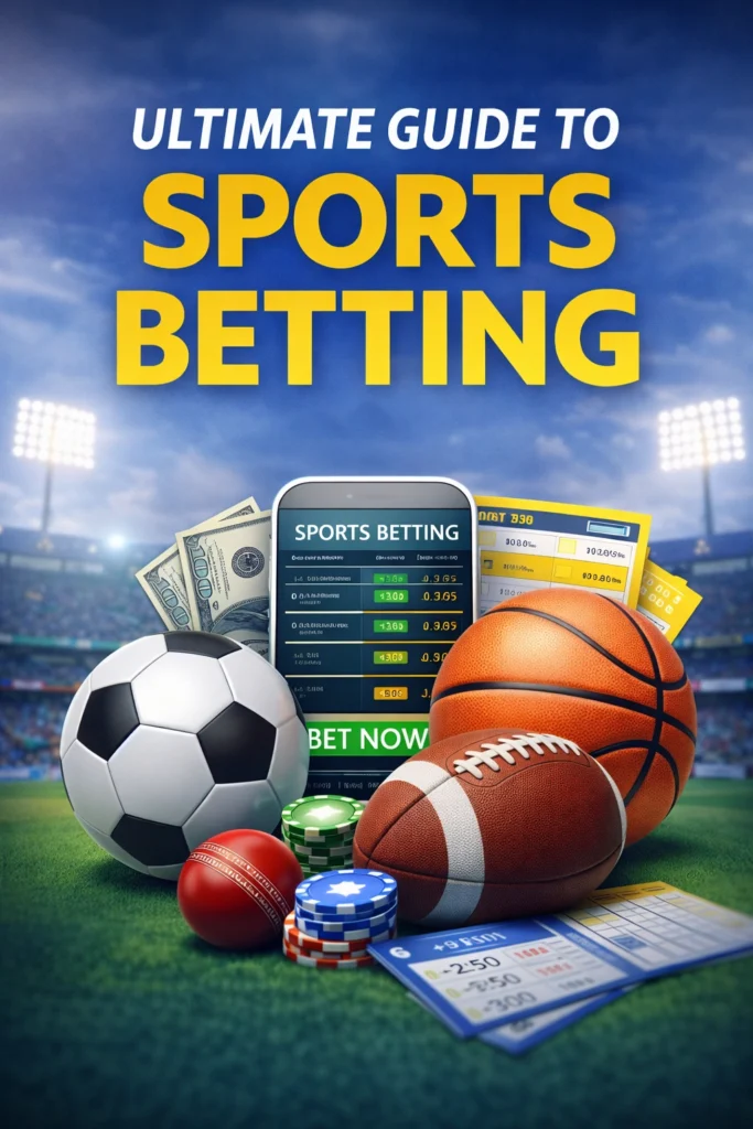 Sports betting guide banner showing betting app, football, basketball, cricket ball and online betting odds screen