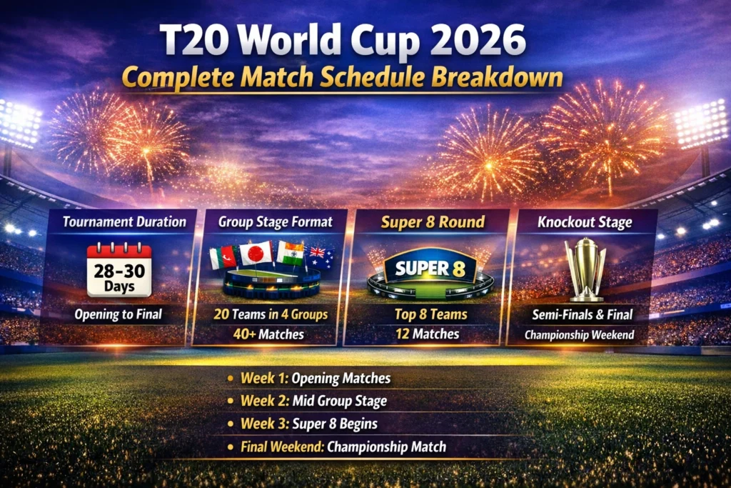 T20 World Cup 2026 complete match schedule breakdown showing full fixtures, group stage, Super 8, semi-finals and final timetable