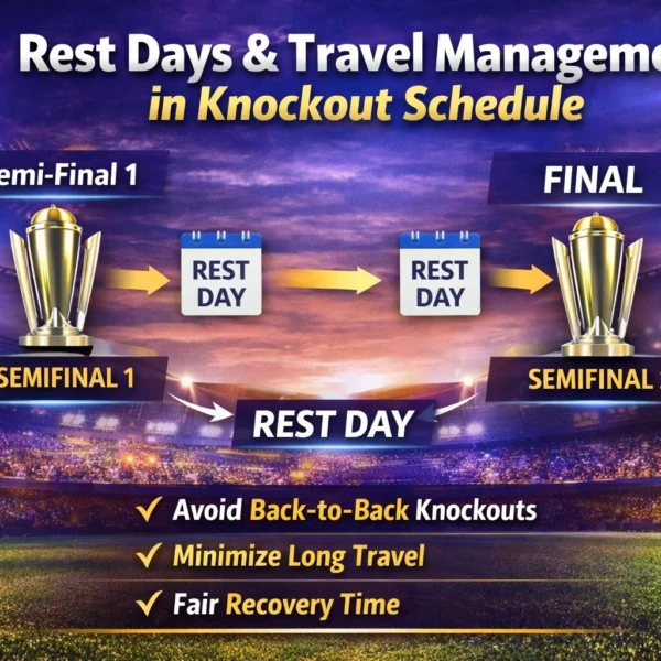 T20 World Cup 2026 rest days and travel management in knockout schedule including semi-final and final match timetable