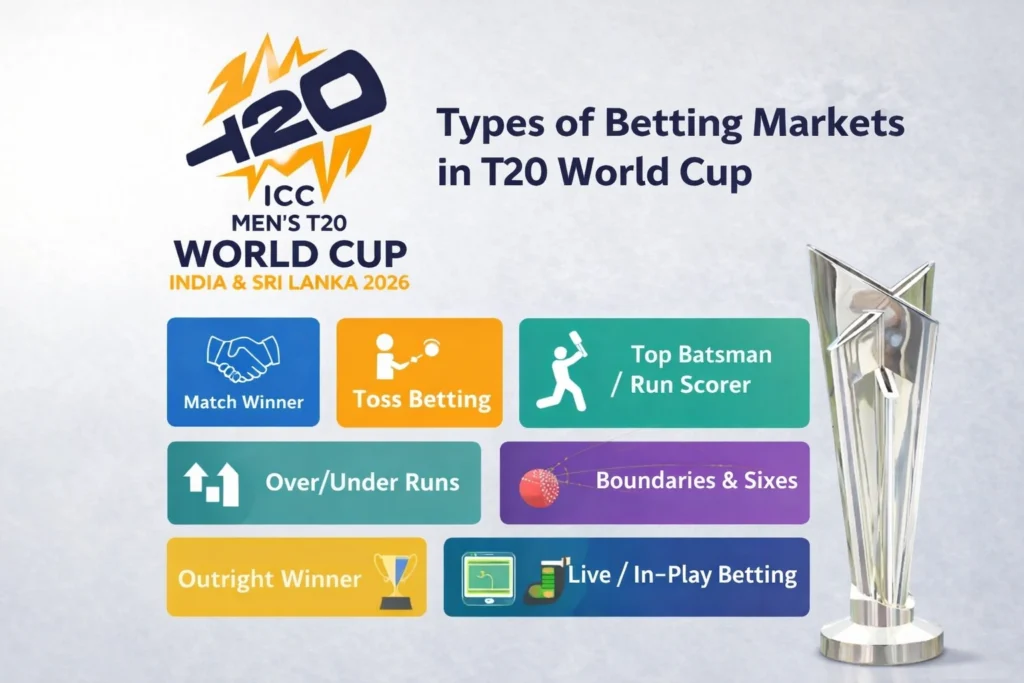 ICC Men’s T20 World Cup 2026 betting markets guide showing match winner, toss betting, top batsman, over under runs and live betting options