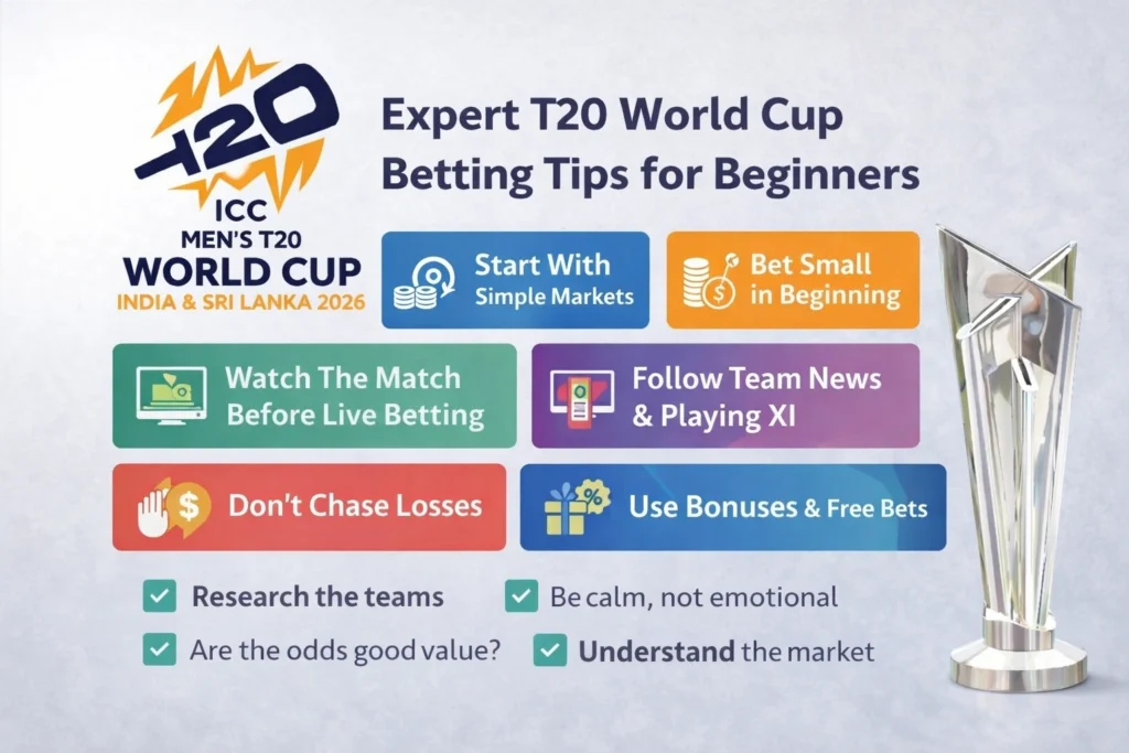 Expert T20 World Cup betting tips for beginners infographic showing simple markets, bankroll control, live betting and bonus strategies