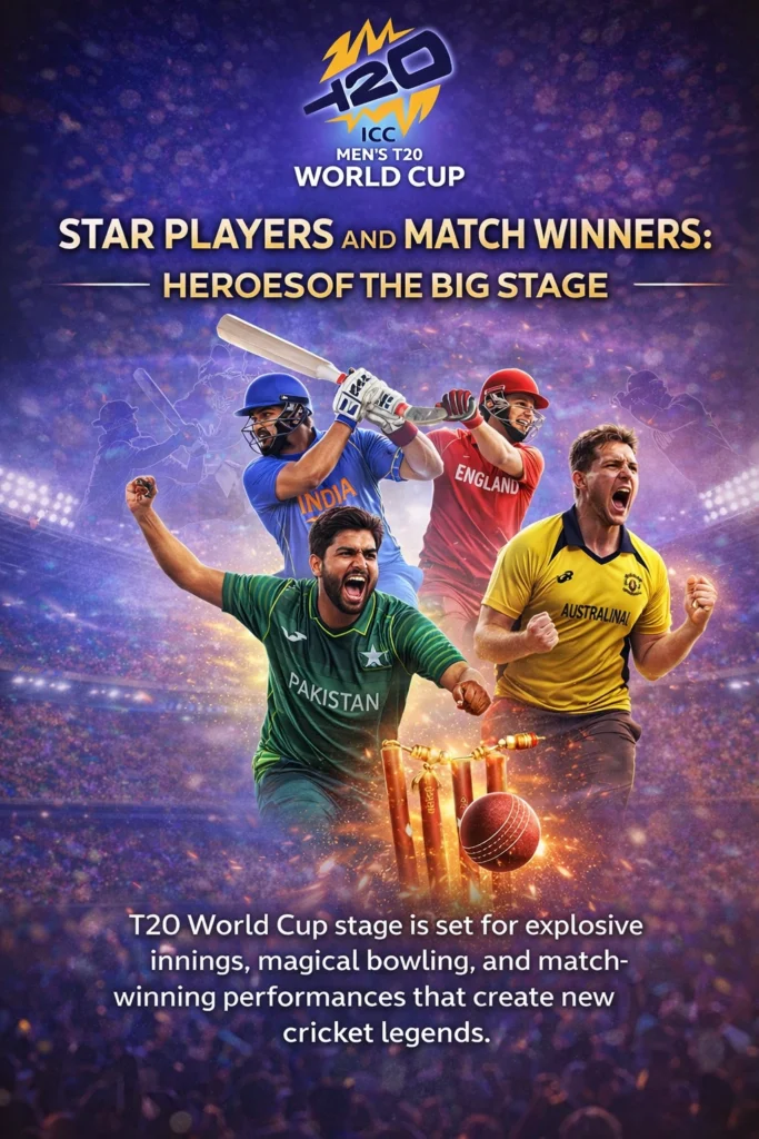 Star players and match winners performing batting and bowling during T20 World Cup cricket tournament under stadium lights
